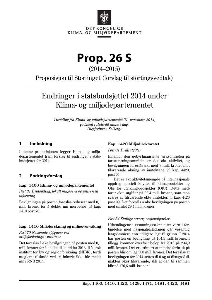 Forsiden av dokumentet Prop. 26 S (2014–2015)