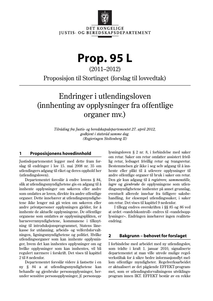 Forsiden av dokumentet Prop. 95 L (2011–2012)