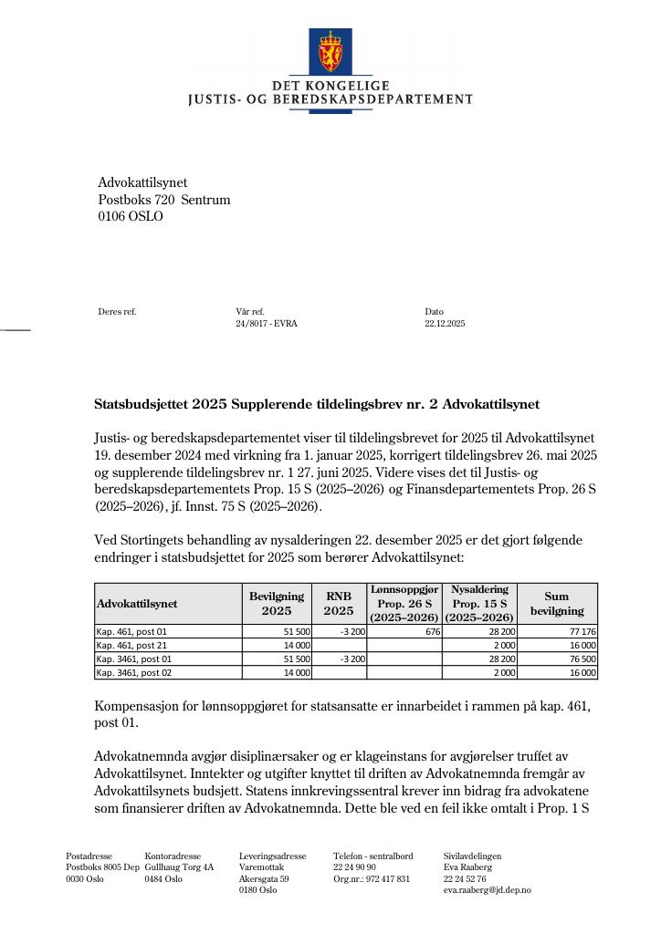 Forsiden av dokumentet Tildelingsbrev Advokattilsynet 2025 - tillegg nr. 2