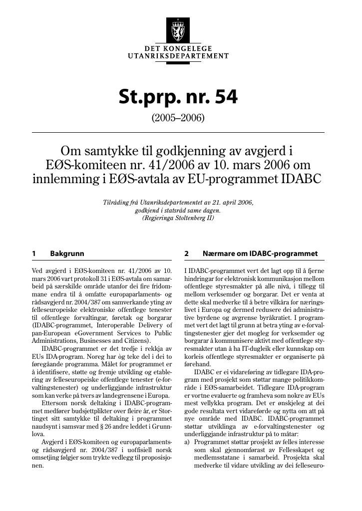 Forsiden av dokumentet St.prp. nr. 54 (2005-2006)
