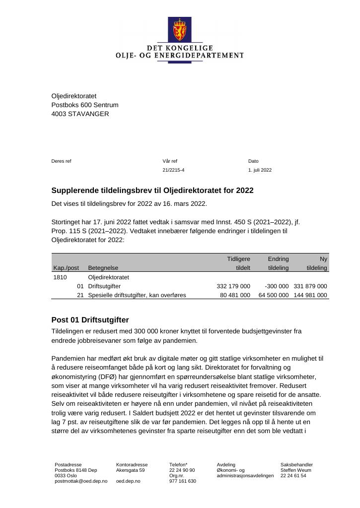 Forsiden av dokumentet Tildelingsbrev Oljedirektoratet 2022 - tillegg