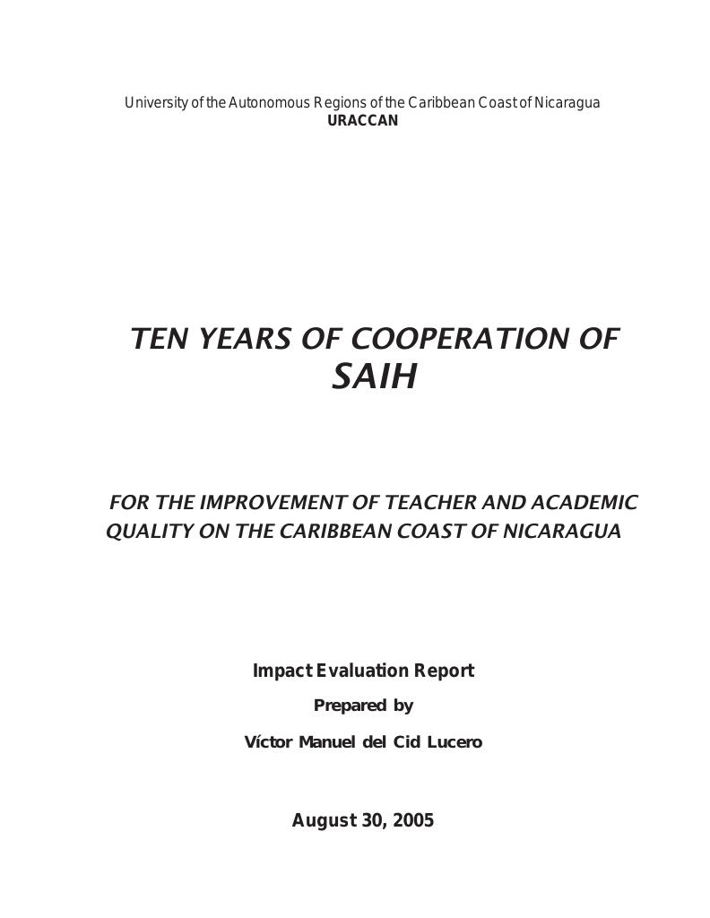 Forsiden av dokumentet 10 years of cooperation with SAIH Norway - Strengthening the teachers and academic qualities at the Caribbean Coast of Nicaragua