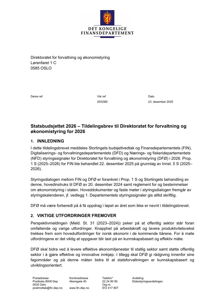 Forsiden av dokumentet Tildelingsbrev Direktoratet for forvaltning og økonomistyring 2026