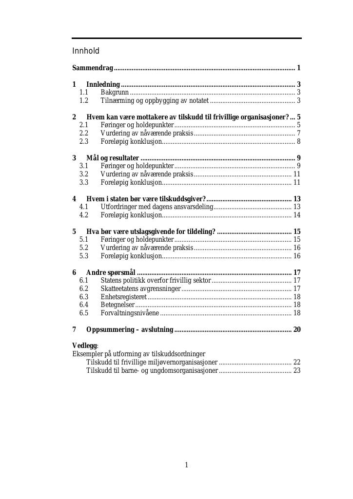 Forsiden av dokumentet Statlig tilskudd til frivillige organisasjoner