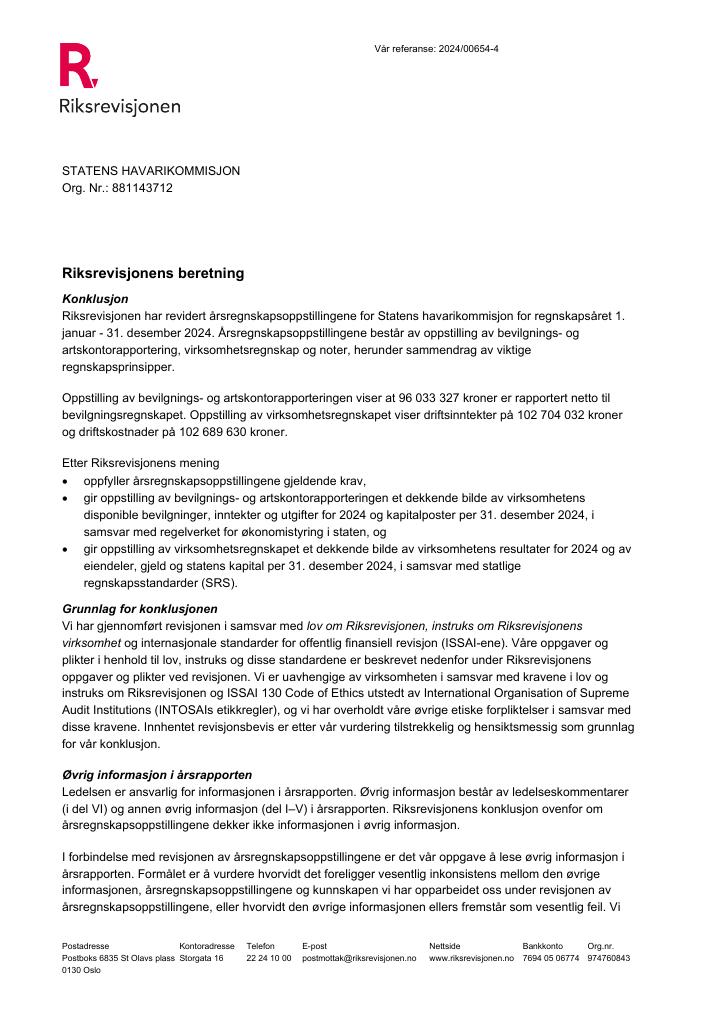 Forsiden av dokumentet Revisjonsberetning Statens havarikommisjon 2024