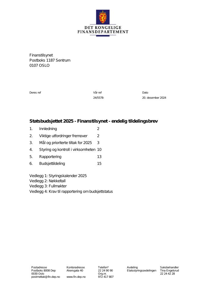 Forsiden av dokumentet Tildelingsbrev Finanstilsynet 2025