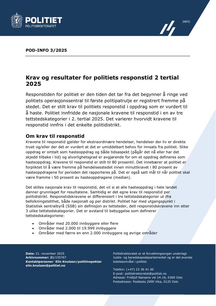 Forsiden av dokumentet Krav og resultater for politiets responstid 2. tertial 2025