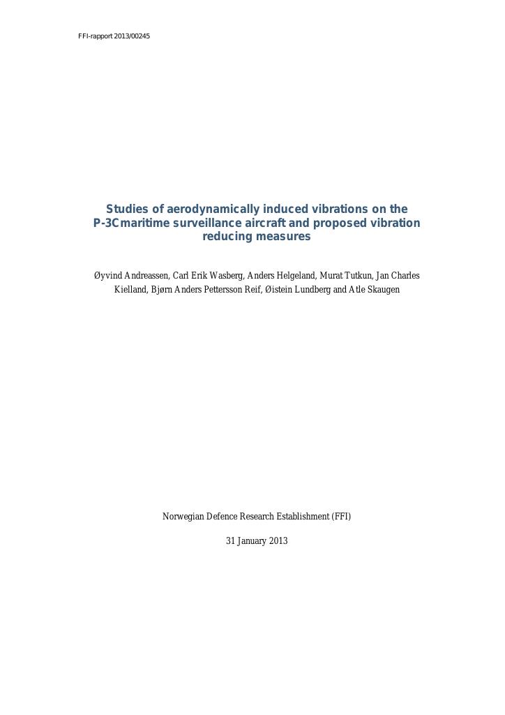 Forsiden av dokumentet Studies of aerodynamically induced vibrations on the P-3Cmaritime surveillance aircraft and proposed vibration reducing measures