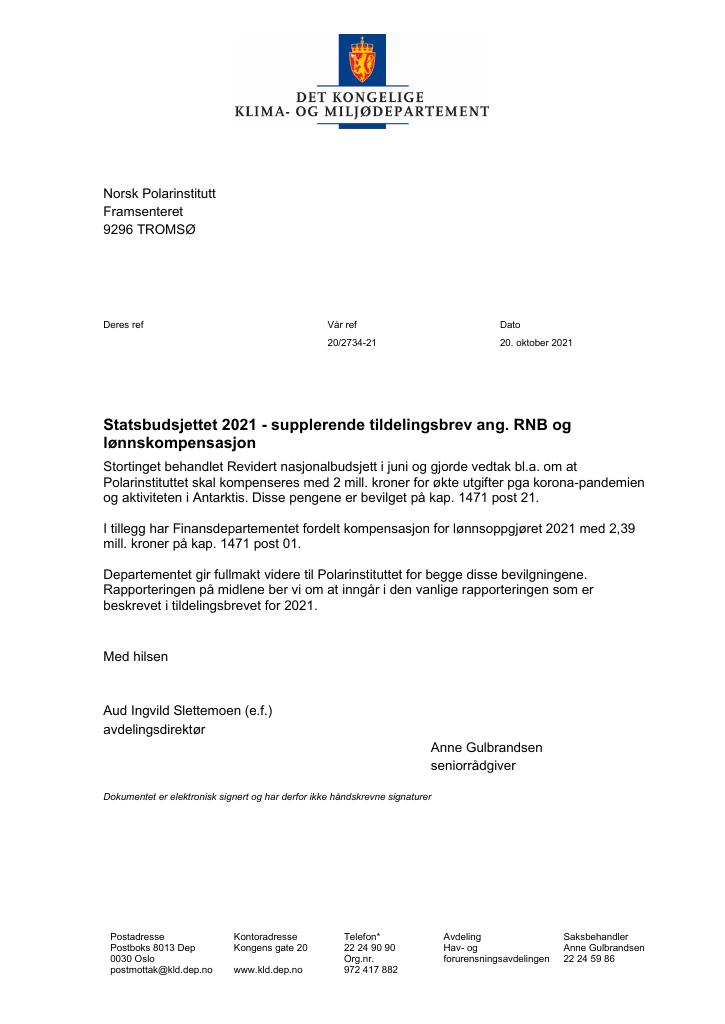 Forsiden av dokumentet Tildelingsbrev Norsk polarinstitutt 2021 - tillegg