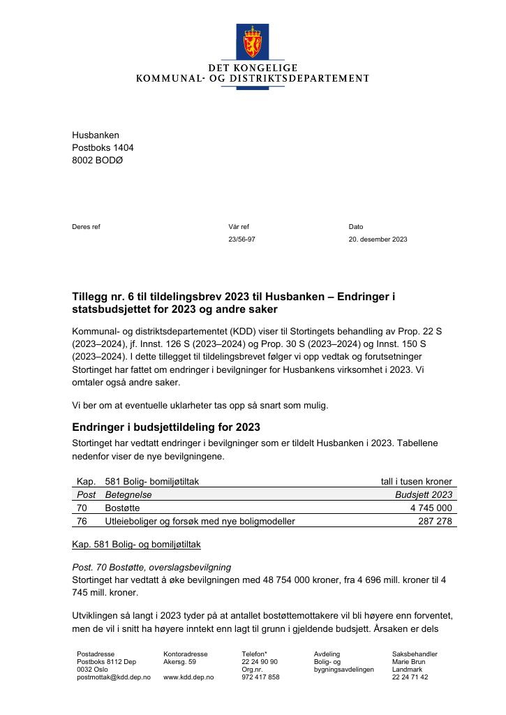 Forsiden av dokumentet Tillegg nr. 6 til tildelingsbrev til Husbanken 2023 (pdf)