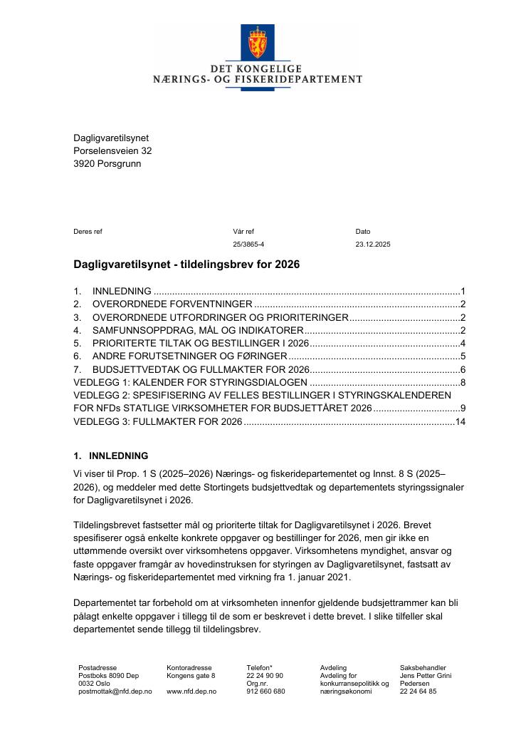 Forsiden av dokumentet Tildelingsbrev Dagligvaretilsynet 2026
