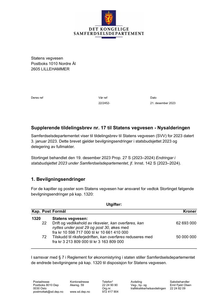 Forsiden av dokumentet Tildelingsbrev Statens vegvesen 2023 - tillegg nr. 17