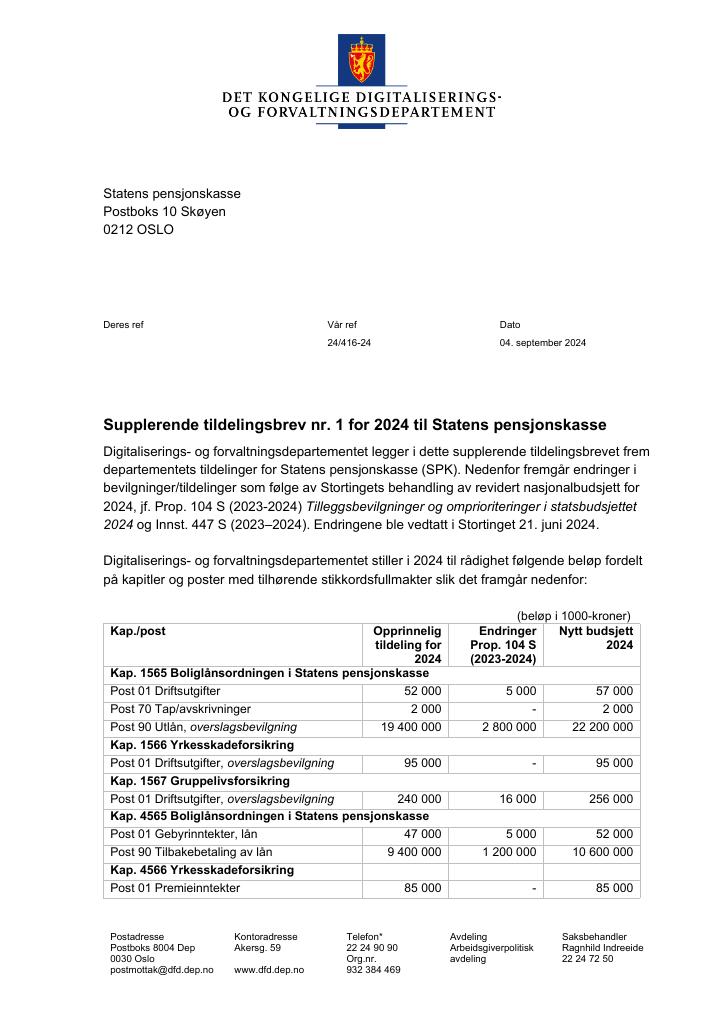 Forsiden av dokumentet Tildelingsbrev Statens Pensjonskasse 2024. - tillegg nr. 1