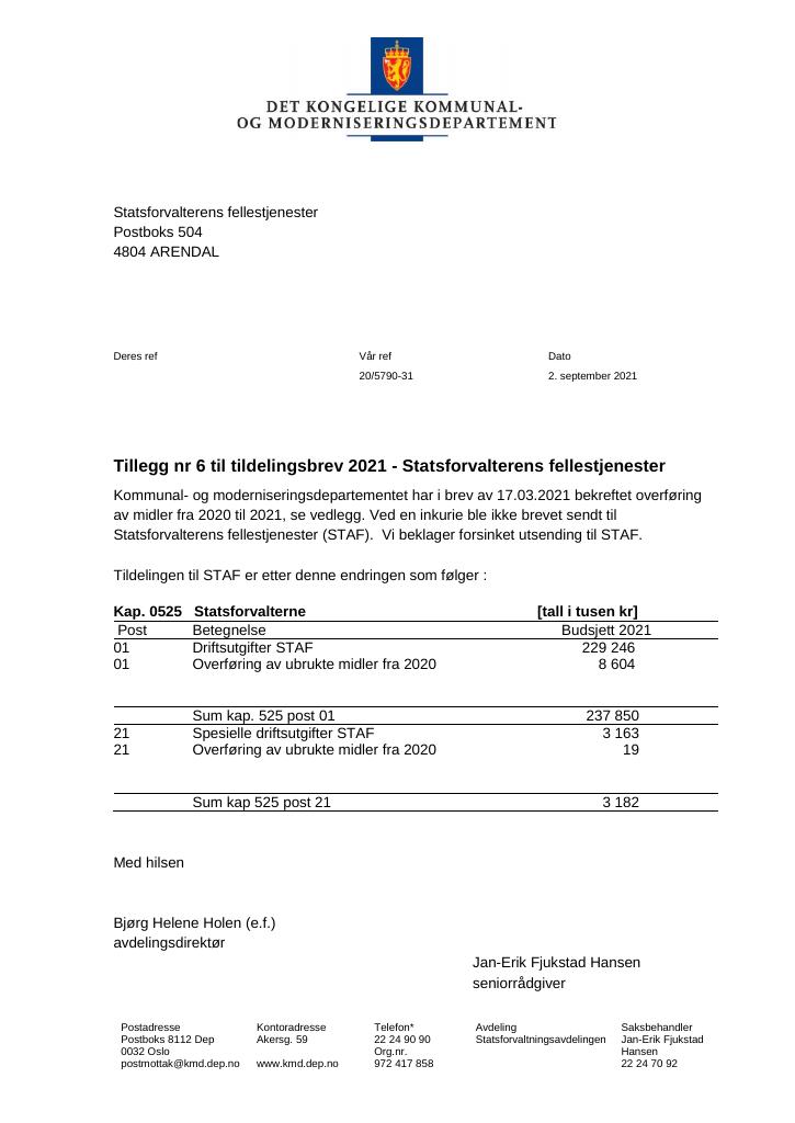 Forsiden av dokumentet Tildelingsbrev Statsforvalterens fellestjenester 2021 - tillegg nr. 6