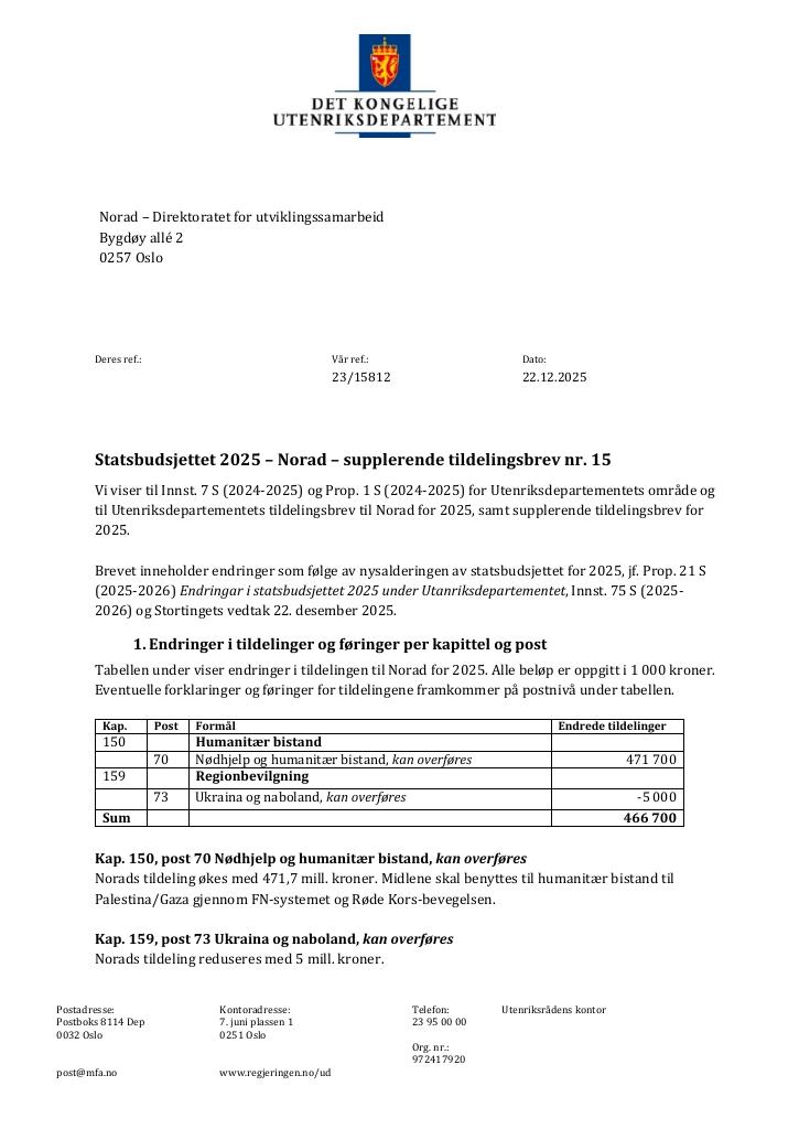 Forsiden av dokumentet Tildelingsbrev Norad 2025 - tillegg nr. 15