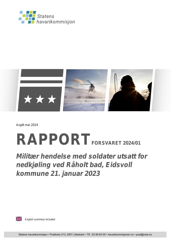 Forsiden av dokumentet Rapport om militær hendelse med soldater utsatt for nedkjøling ved Råholt bad, Eidsvoll kommune 21. januar 2023