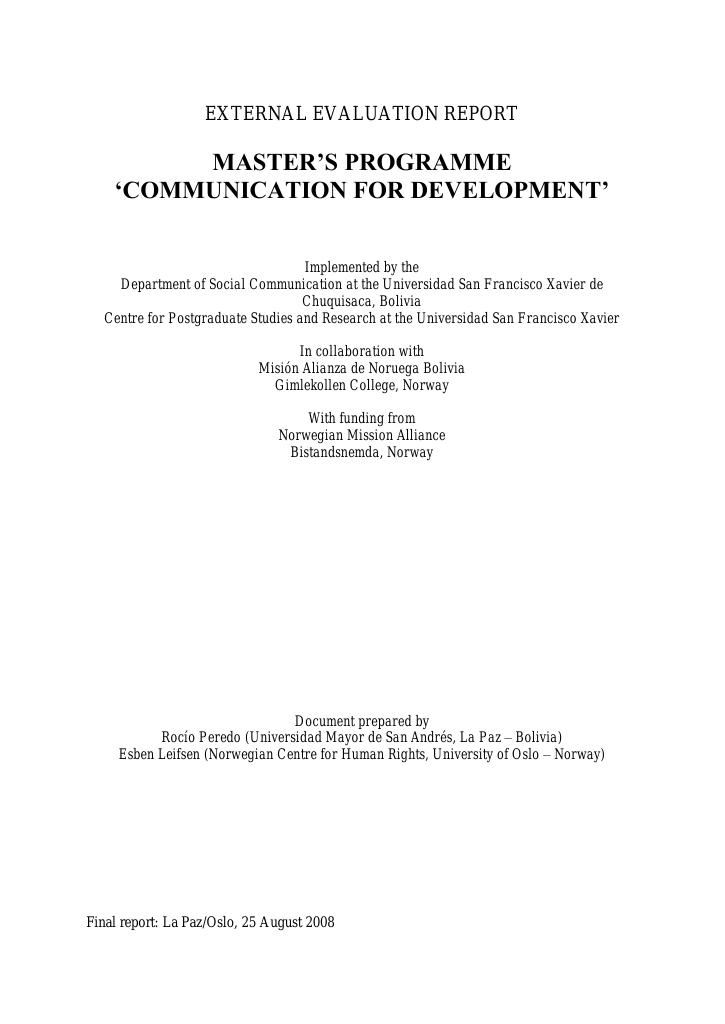 Forsiden av dokumentet External Evaluation Report – Master’s Programme ‘Communication for Development’