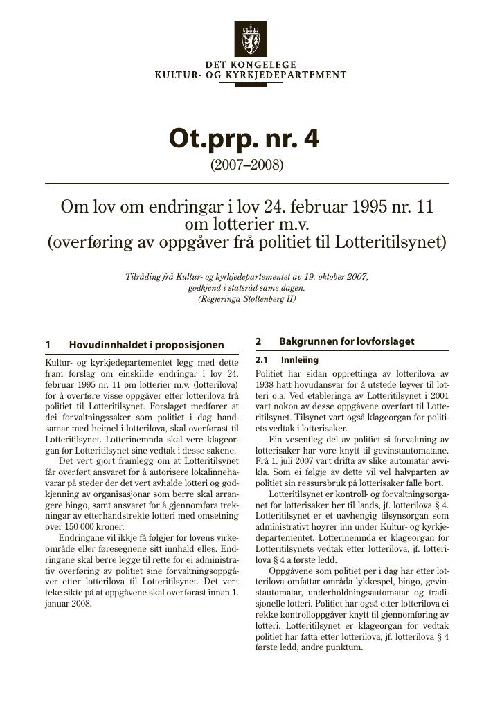 Forsiden av dokumentet Ot.prp. nr. 4 (2007-2008)