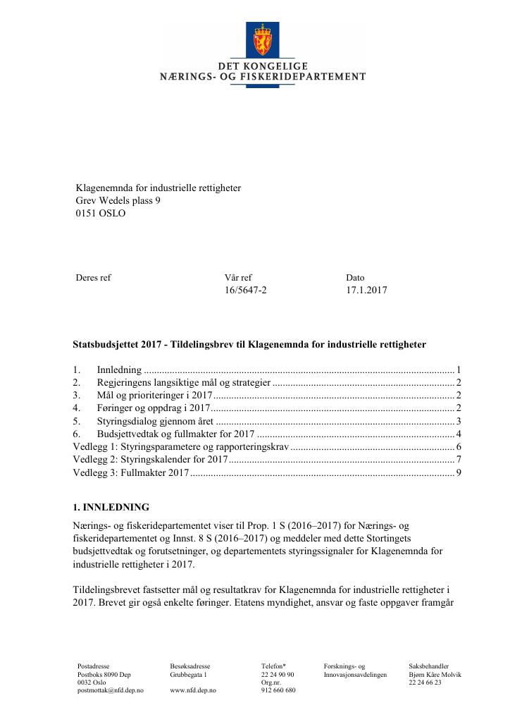 Forsiden av dokumentet Tildelingsbrev