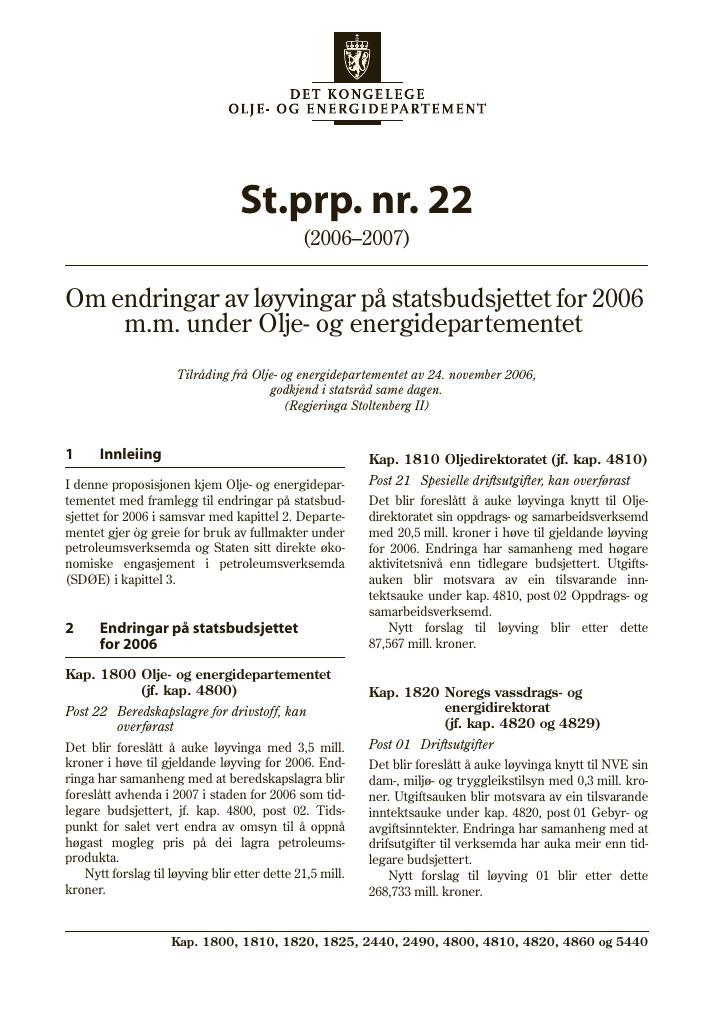 Forsiden av dokumentet St.prp. nr. 22 (2006-2007)