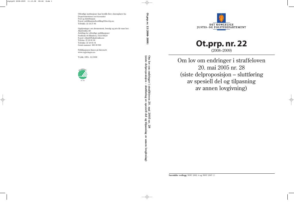 Forsiden av dokumentet Ot.prp. nr. 22 (2008-2009)