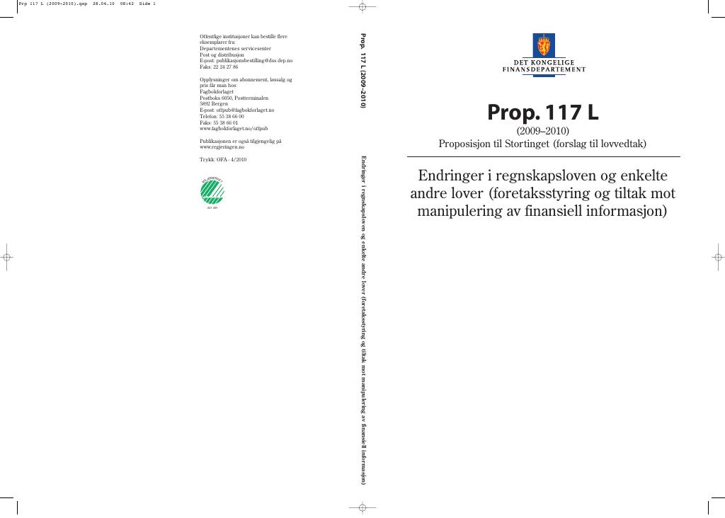 Forsiden av dokumentet Prop. 117 L (2009-2010)