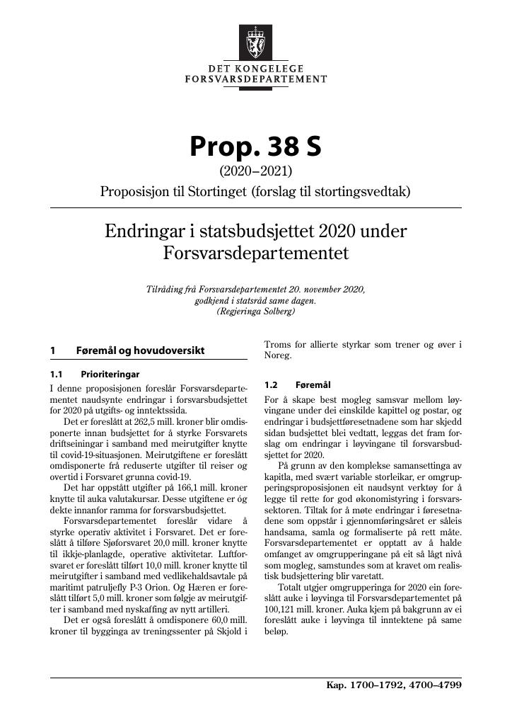 Forsiden av dokumentet Prop. 38 S (2020–2021)