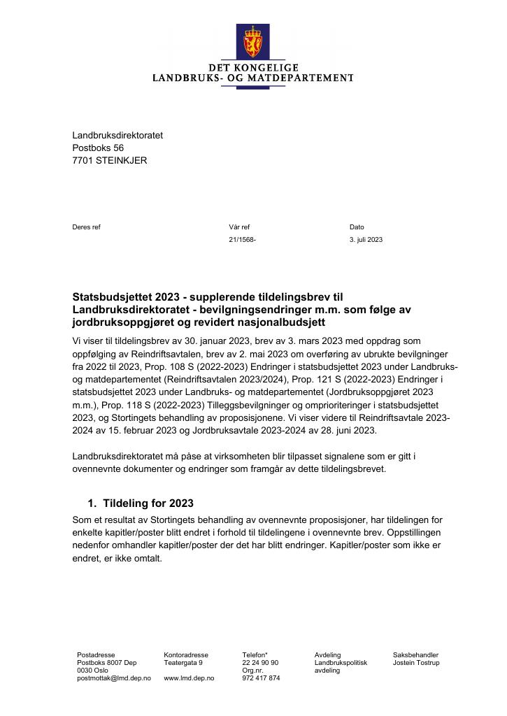 Forsiden av dokumentet Tildelingsbrev Landbruksdirektoratet 2023 - tillegg