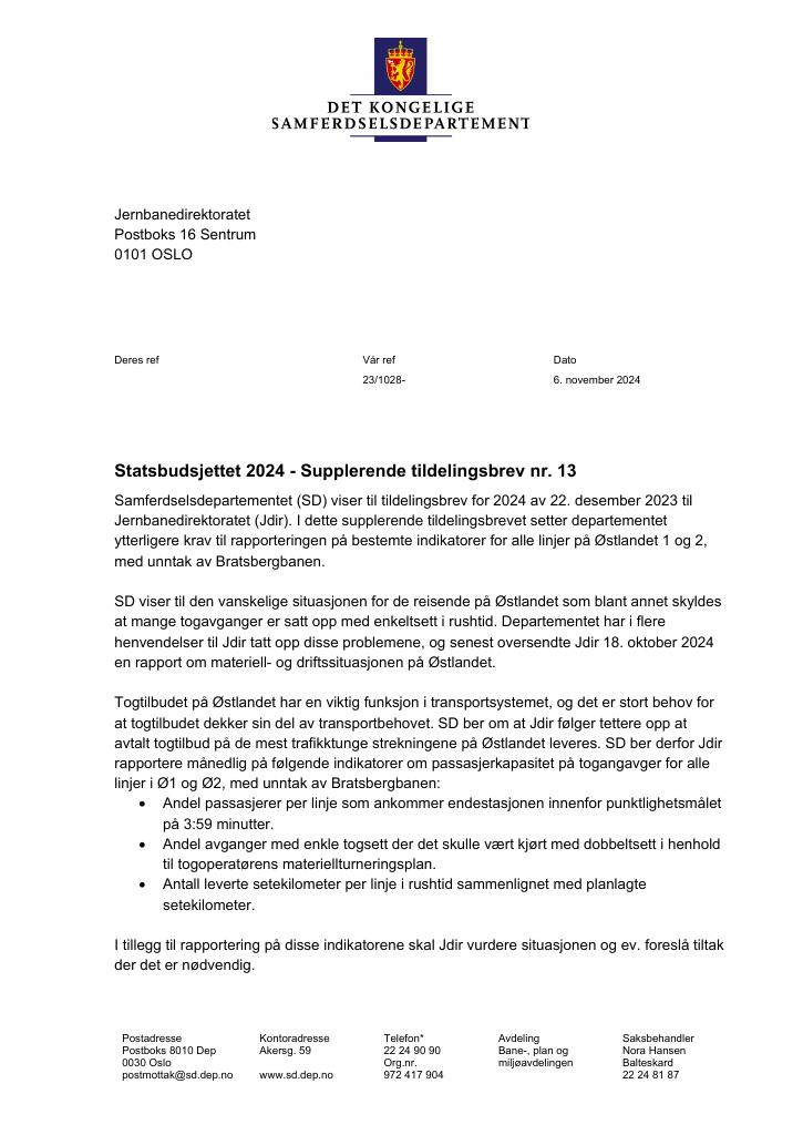 Forsiden av dokumentet Tildelingsbrev Jernbanedirektoratet 2024 - tillegg nr. 13