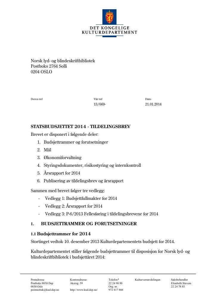 Forsiden av dokumentet Tildelingsbrev (.pdf)