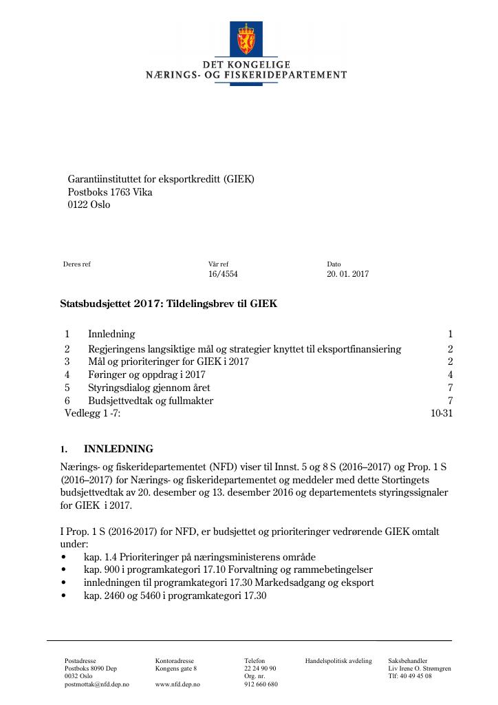 Forsiden av dokumentet Tildelingsbrev