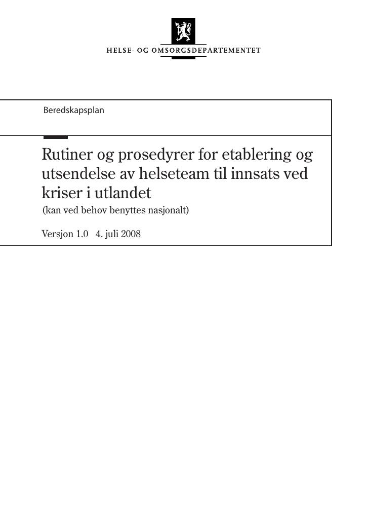 Forsiden av dokumentet Rutiner og prosedyrer for etablering og utsendelse av helseteam til innsats ved kriser i utlandet