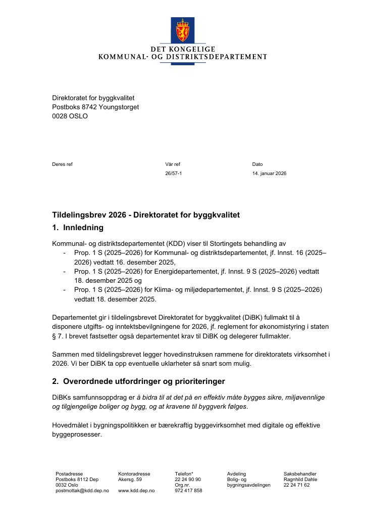 Forsiden av dokumentet Tildelingsbrev Direktoratet for byggkvalitet 2026