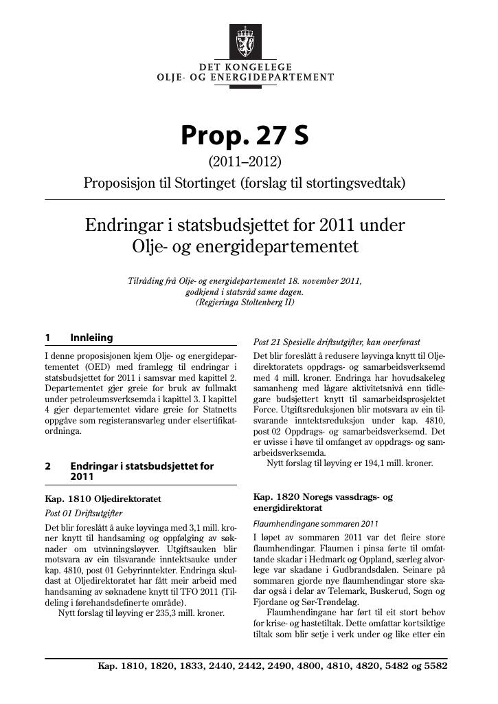 Forsiden av dokumentet Prop. 27 S (2011–2012)