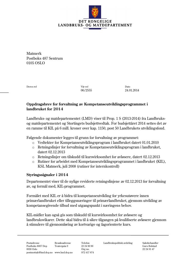Forsiden av dokumentet Oppdragsbrev for forvaltning av Kompetanseutviklingsprogrammet i landbruket for 2014