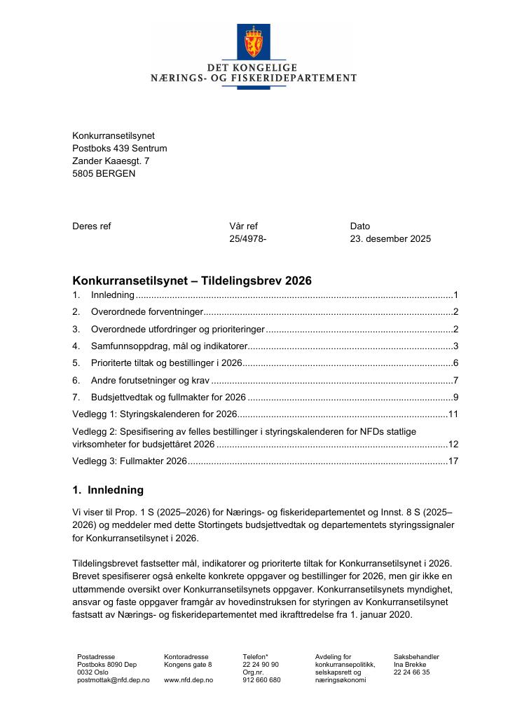 Forsiden av dokumentet Tildelingsbrev Konkurransetilsynet 2026