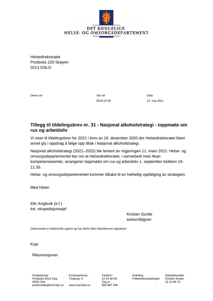 Forsiden av dokumentet Tildelingsbrev Helsedirektoratet 2021 - tillegg nr. 31