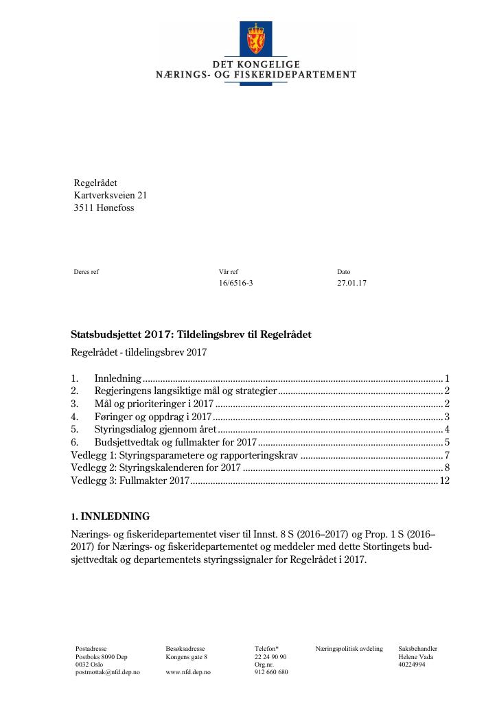 Forsiden av dokumentet Tildelingsbrev Regelrådet 2017