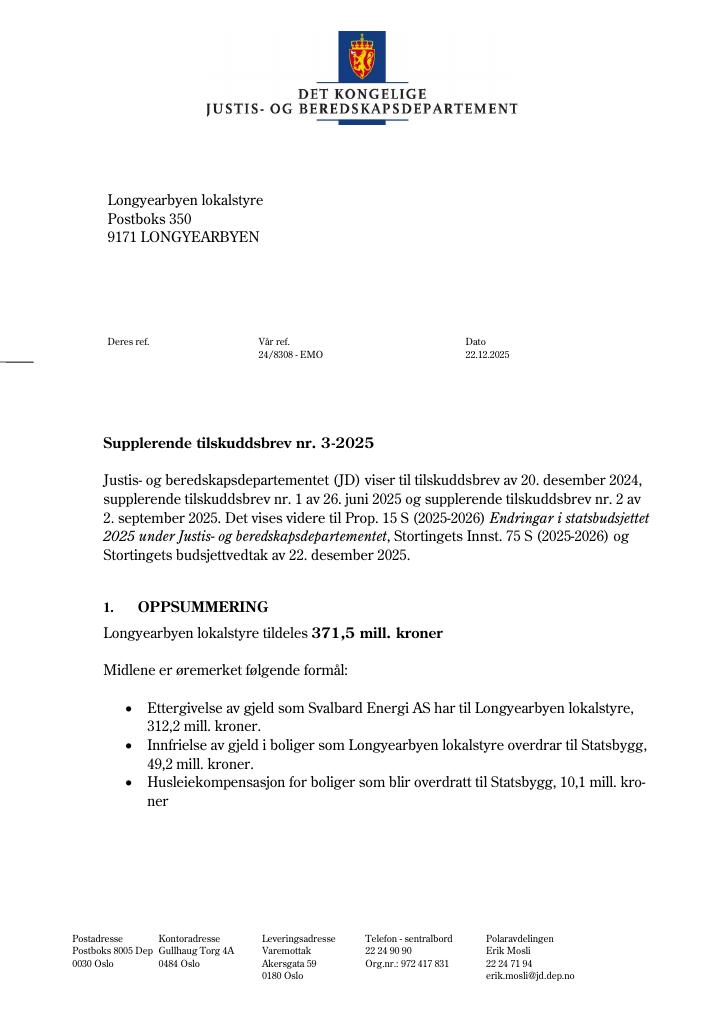Forsiden av dokumentet Tilskuddsbrev Longyearbyen lokalstyre 2025 - tillegg nr. 3