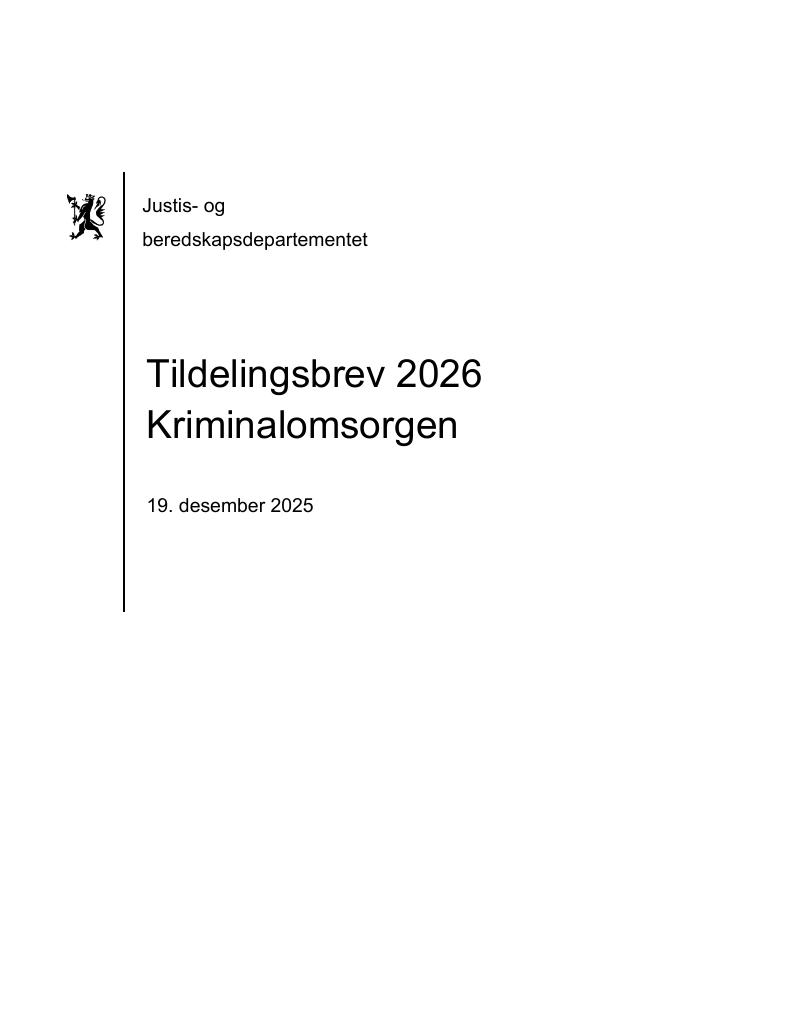 Forsiden av dokumentet Tildelingsbrev Kriminalomsorgen 2026