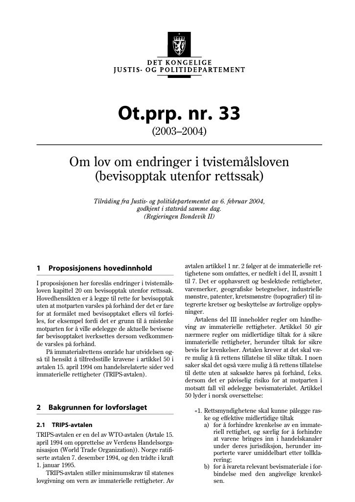 Forsiden av dokumentet Ot.prp. nr. 33 (2003-2004)