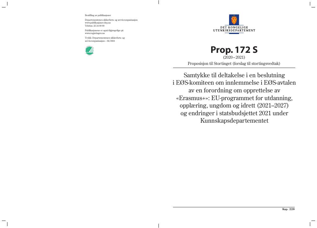 Forsiden av dokumentet Prop. 172 S (2020–2021)