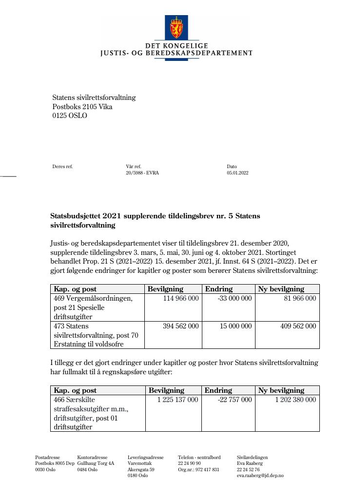 Forsiden av dokumentet Tildelingsbrev Statens sivilrettsforvaltning 2021 - tillegg nr. 5