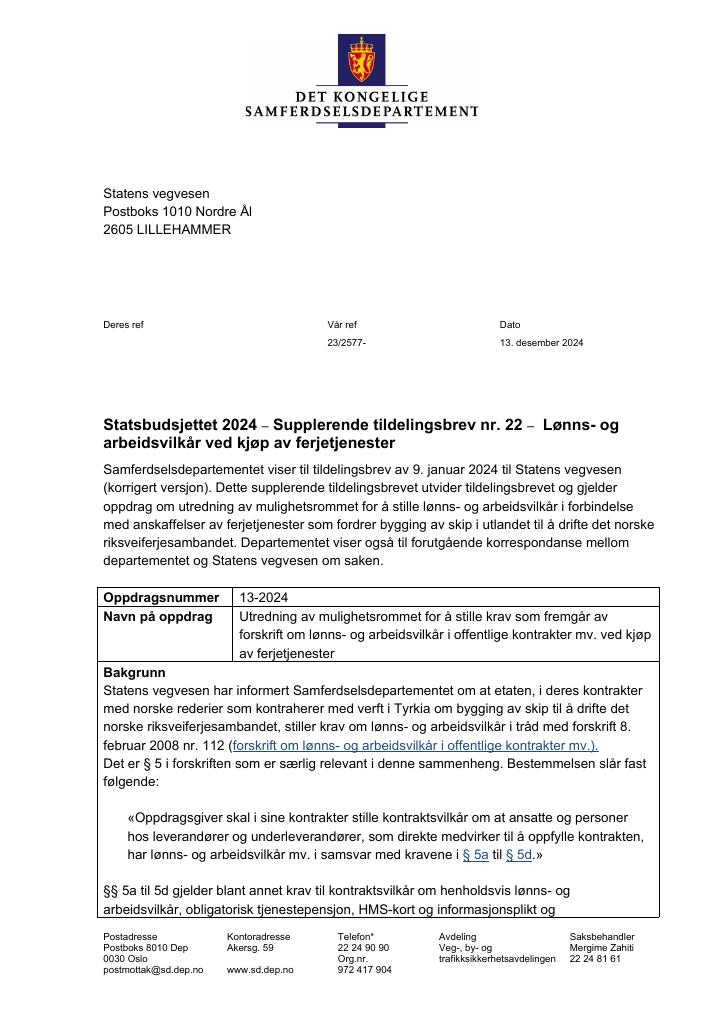 Forsiden av dokumentet Tildelingsbrev Statens vegvesen 2024 - tillegg nr. 22