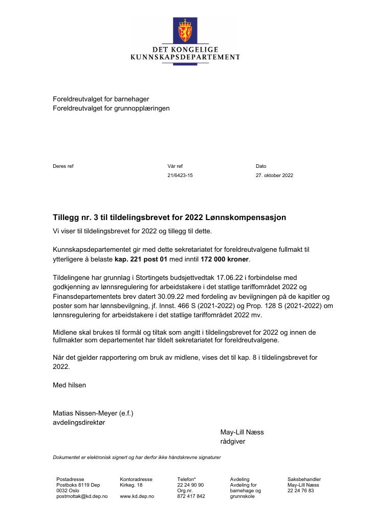 Forsiden av dokumentet Tildelingsbrevet Foreldreutvalget for grunnopplæringen og Foreldreutvalget for barnehager 2022 - tillegg nr. 3