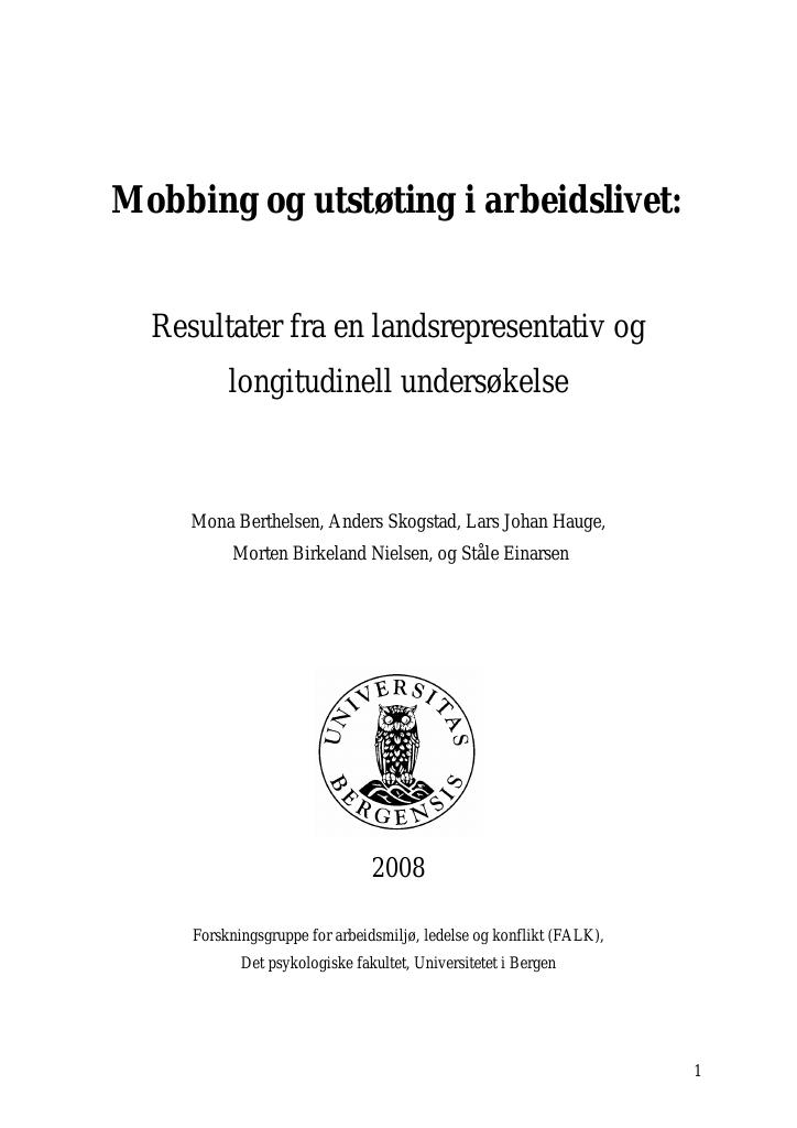 Forsiden av dokumentet Mobbing og utstøting i arbeidslivet