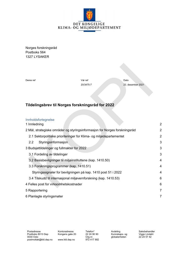 Forsiden av dokumentet Tildelingsbrev Norges forskningsråd 2022