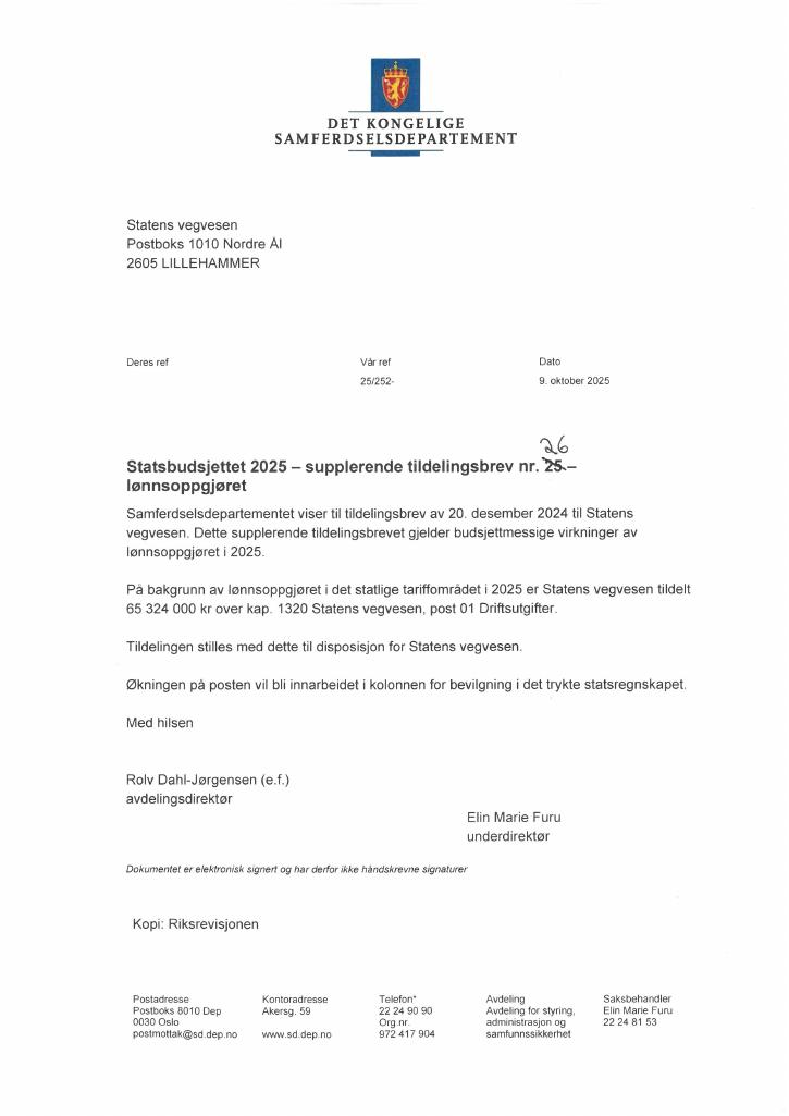 Forsiden av dokumentet Tildelingsbrev Statens vegvesen 2025 - tillegg nr. 26