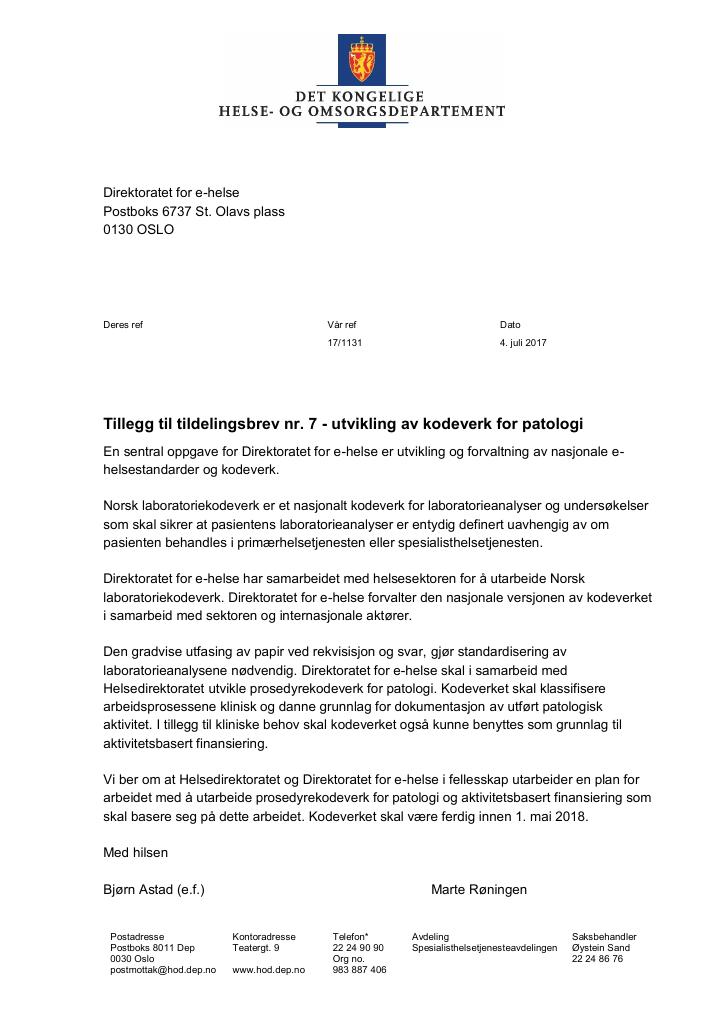 Forsiden av dokumentet Tildelingsbrev Direktoratet for e-helse 2022 - tillegg nr. 7