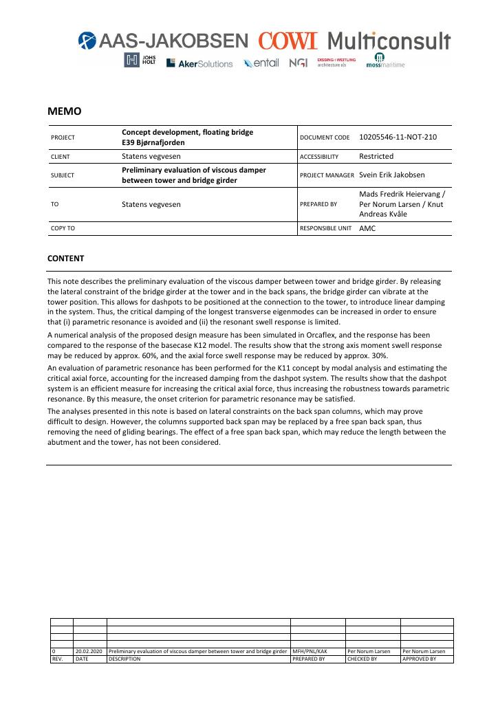Forsiden av dokumentet Preliminary evaluation of viscous damper between tower and bridge girder